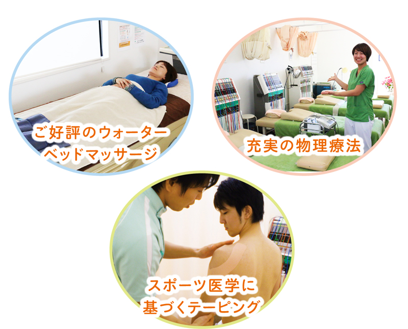 ご好評のウォーターベットマッサージ、充実の物理療法、スポーツ医学に基づくテーピング